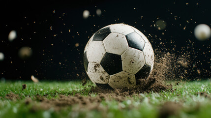 Fototapeta premium Dynamic soccer ball kicking up dirt on green grass field in motion