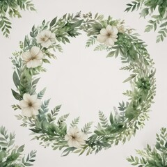 Elegant watercolor floral wreath with lush greenery leaves, delicate brushstrokes ,  invitation card,  greenery,  leaves