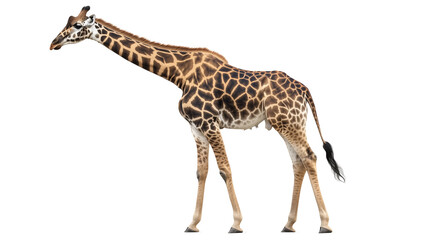 Fototapeta premium Standing giraffe, long neck and spotted wildlife, giraffe height standing giant, giraffe majesty high neck wildlife, long neck king giraffe, on a transparent backgrounds