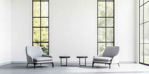 Modern interior with gray armchairs and side tables near large window with natural light