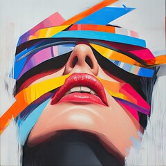 Abstract portrait of a woman's face with vibrant colorful geometric ribbon overlay.