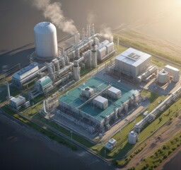 Isometric view of hydrogen power plant using solar energy  Green ecology system , cleantech, technology