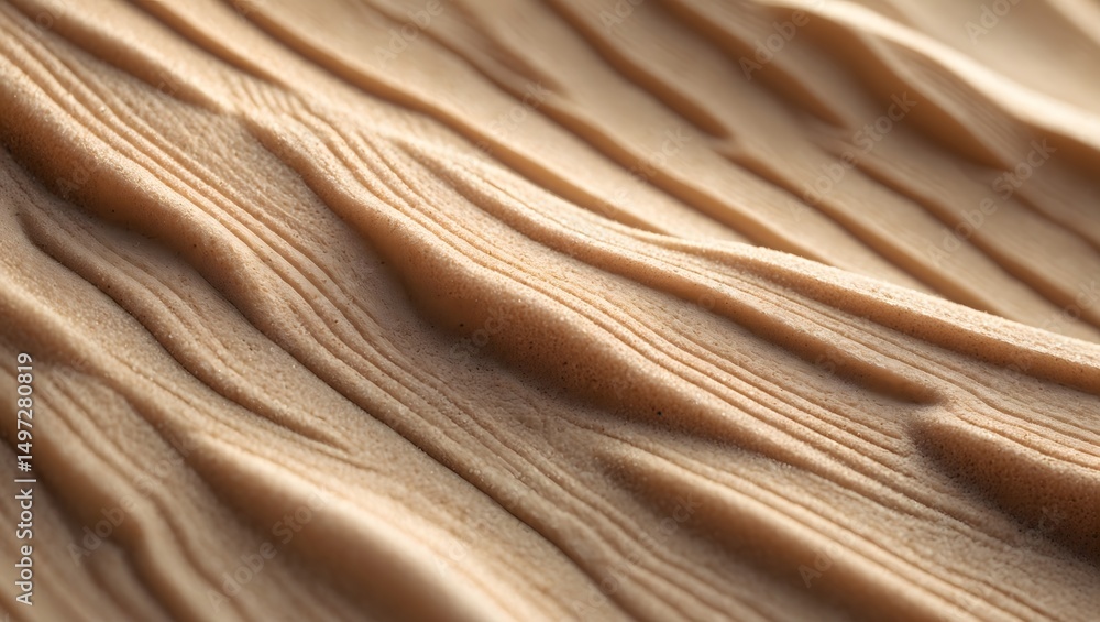 Poster Textured sand dunes creating a wave-like pattern. The subtle light and shadow play enhances the three-dimensional effect of the sand.