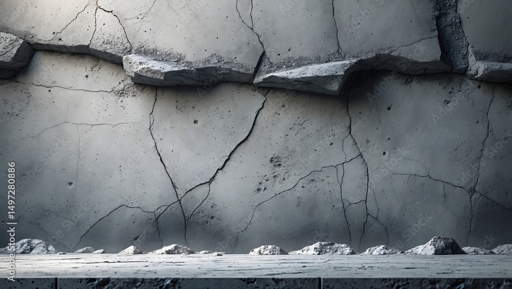 Poster a rough concrete surface displaying cracks and damage, creating a sense of age and decay