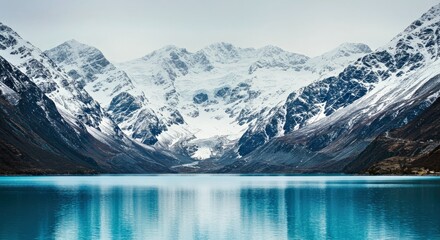 Obraz premium Scenic View of Pristine Blue Lake with Majestic Mountains Snow