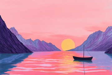 Tranquil pink sunset over a serene lake with silhouette of a rowboat and mountains