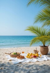 Obraz premium Enjoying a delightful summer picnic by the seaside with fresh fruit and palm leaves
