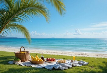 Enjoying a summer picnic by the seaside with fruits and palm leaves in the background