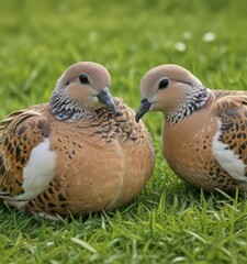 Close-up of two European turtle doves preening in vibrant green grass ,  wildlife,  vibrant