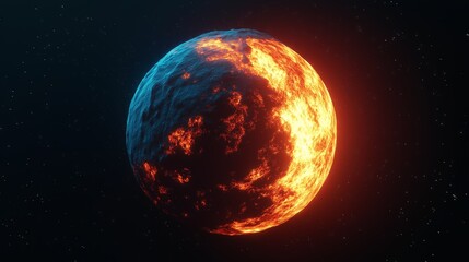 Futuristic planet with fiery lava and frozen ice surface in outer space, representing a dramatic contrast between fire and ice on a celestial body in a science fiction cosmic environment