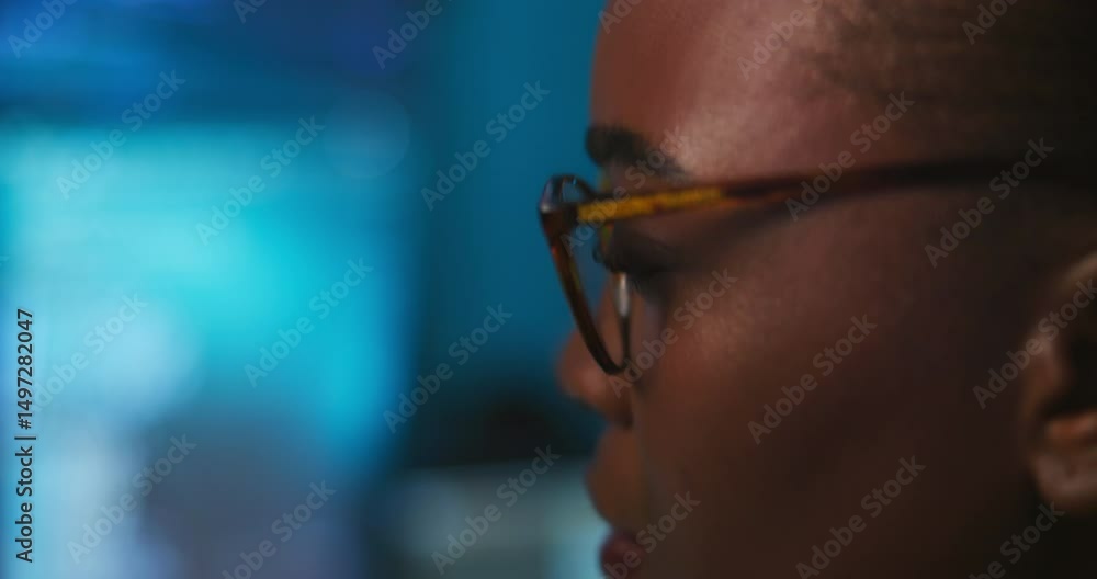 Poster online, hacker and woman with glasses, night and programming of cybercrime, serious and fraud in off