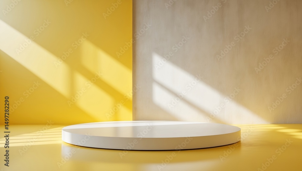 Poster yellow and white table in sunlight. minimalist backdrop. wall with abstract lighting and shadows. mo