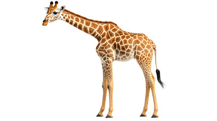 Fototapeta premium Standing giraffe, long neck and spotted wildlife, giraffe height standing giant, giraffe majesty high neck wildlife, long neck king giraffe, on a transparent backgrounds