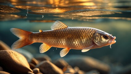 Fototapeta premium The riverbed is home to the Common Barbel, Barbus barbus, as it swims