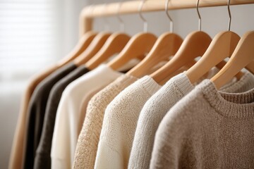 Obraz premium Minimalist wardrobe capsule, neutral-toned sustainable clothes neatly organized on wooden hangers, AI Generated