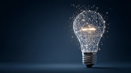 Glowing light bulb with digital connections symbolizing innovation and technology on dark blue background, representing new ideas, transformation, creativity, and futuristic concepts