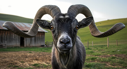 Naklejka premium Massive Horned Goat, Farm Animal, Livestock, Mountain Goat, Big Horns, Rural Scene