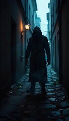 Naklejka premium A shadowy figure, hunched and sinister, lurks in a dark alleyway, embodying malevolence and wickedness Their presence hints at something untrustworthy and morally reprehensible , hidden, wicked