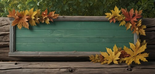 Antique green wood sign, fall leaves on log frame, rustic sign, maple, fall decor
