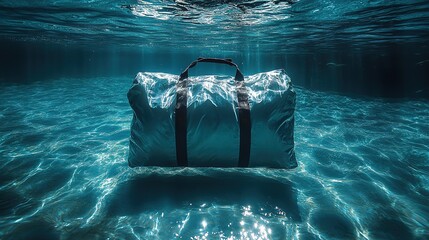 Submerged duffel bag captured in clear turquoise water with mesmerizing light