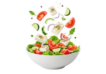 Greek salad isolated on white background with flying ingredients
