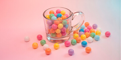 Vaso de cristal con bolas de colores, fondo pastel