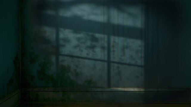 4K Seamless loop of rain on glass casting moody shadows through window in abandoned room, cinematic background for true crime visuals, mystery intros, thriller storytelling, and atmospheric overlays