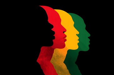 silhouettes shadows of people in Pan-African colors, June 19th juneteenth day, kwanzaa. Red, black, yellow and green colors. Africa Day.