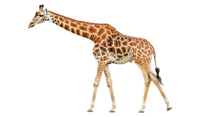 Fototapeta premium Standing giraffe, long neck and spotted wildlife, giraffe height standing giant, giraffe majesty high neck wildlife, long neck king giraffe, on a transparent backgrounds