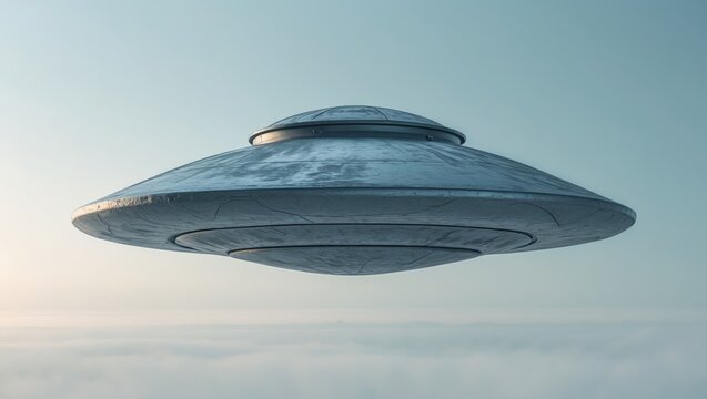 Unidentified flying object set against a soft blue background, with clipping path included.