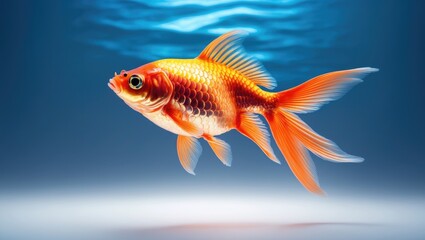 A blue gradient background highlighting a goldfish underwater.