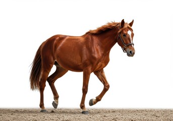 Obraz premium Chestnut horse with a white blaze walking calmly on a neutral colored surface isolated