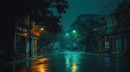 Obraz premium Rainy Night Streetscape: Enchanting Urban Nightscape