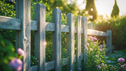 The smooth surface of a rustic wooden fence reflects sunlight, towering over the lush greenery and flowering plants around it.