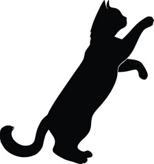 Black silhouette of a playful cat standing on its hind legs with front paws raised, as if reaching or playing.  Perfect for use in pet-themed graphics, logo design, minimalist art