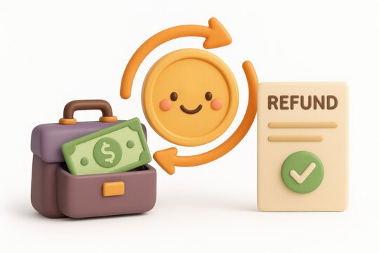 Refund process with smiling coin business environment graphic illustration