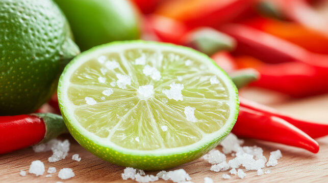 Macro shot of a fresh lime wedge with coarse salt, tequila appetizer background