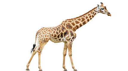 Fototapeta premium Standing giraffe, long neck and spotted wildlife, giraffe height standing giant, giraffe majesty high neck wildlife, long neck king giraffe, on a transparent backgrounds