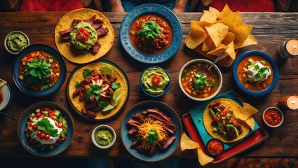 Bird's eye perspective of a wooden table filled with meat dishes and appetizers.