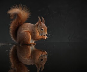 Red squirrel's reflection in a dark, polished surface, intense detail,  contrast,  surface