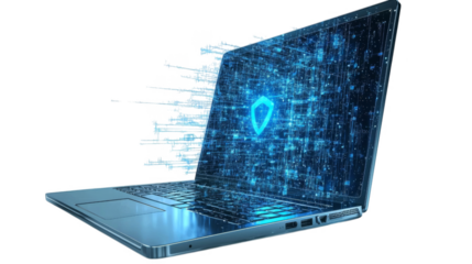 Digital security concept showing laptop with holographic shield icon screen, representing cybersecurity protection and data