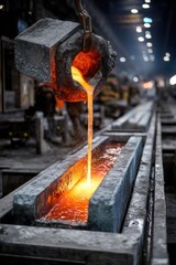 Pouring molten metal in foundry ladle at steel mill