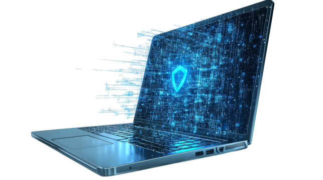 Digital security concept showing laptop with holographic shield icon screen, representing cybersecurity protection and data