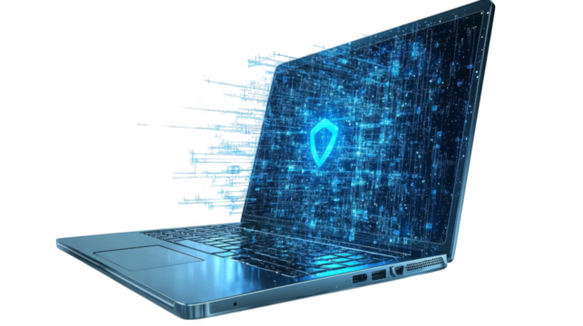 Digital security concept showing laptop with holographic shield icon screen, representing cybersecurity protection and data