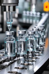 Pharmaceutical industry filling machine pouring medicine into vials on conveyor belt