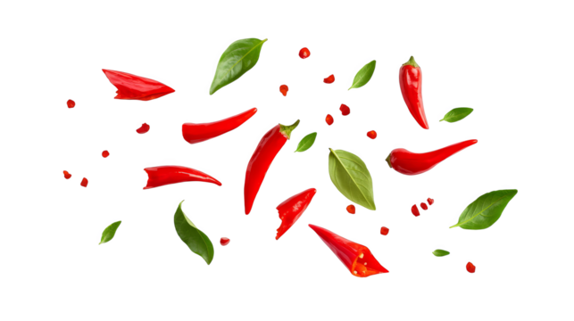 Bright red chili peppers and green basil leaves scattered mid air, creating vibrant and lively composition that evokes