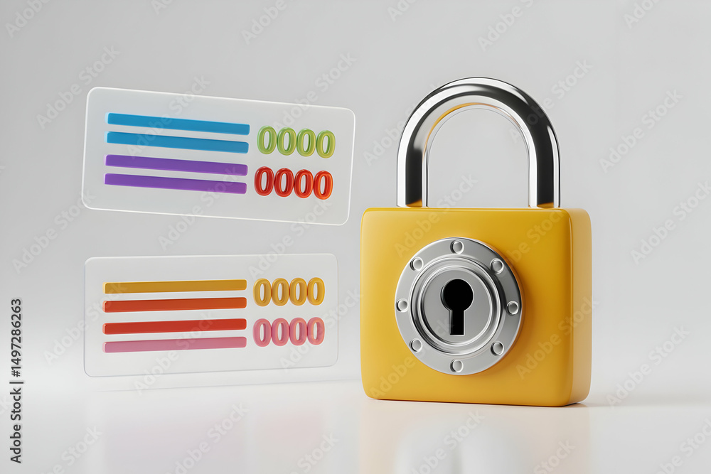 Poster data security concept with padlock and colorful progress bars