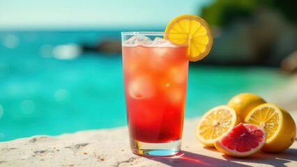 Refreshing Summer Beverage by the Poolside, with Citrus Garnish and Ice Cubes