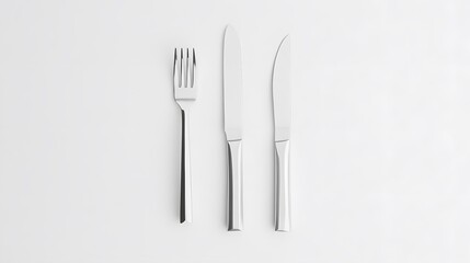 Elegant Silverware Flatlay: Fork, Knife, White Background
