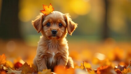 Adorable Puppy in Autumn Leaves A Golden Retriever Pup with a Maple Leaf Crown in a Sunlit Park Setting